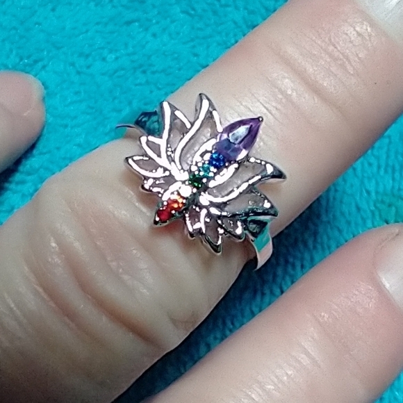 Silvertone rainbow chakra Lily peace ring colorful multicolor - Picture 5 of 5